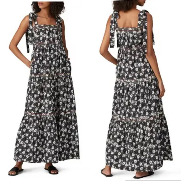 WARM Dress Big Love Floral Tiered Tie Shoulder Maxi Dress Size S Black - Picture 2 of 14